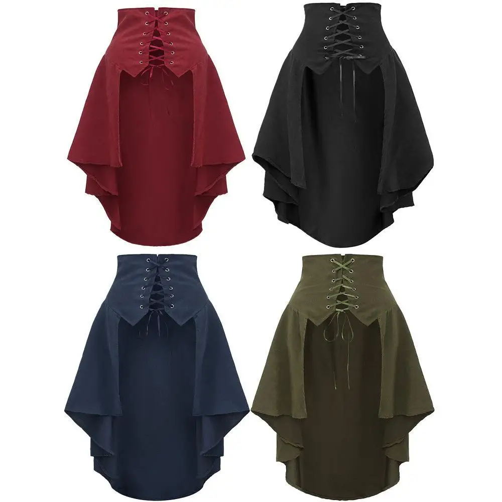 Pleated Skirt Women - 女性用パンクテールコート ルネサンス海賊コスチューム ラッププリーツスカート ゴシックロリータスカート フリルハイライズプリーツスカート