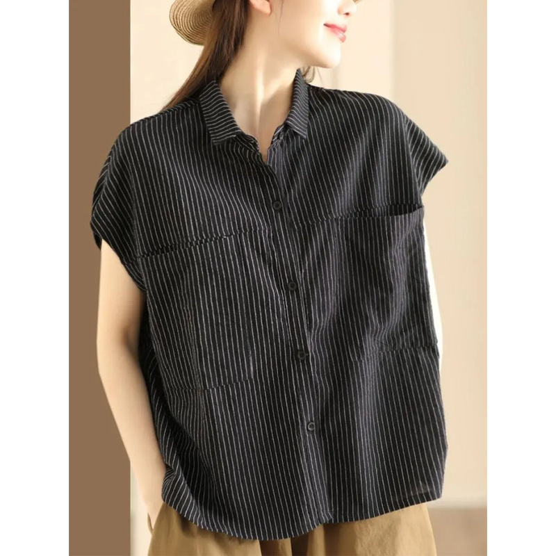 Women'S Fashion Essentials - プラスサイズの女性の夏のファッション快適なブラウスノースリーブストライプオフィスレディ新着トレンディ通気性