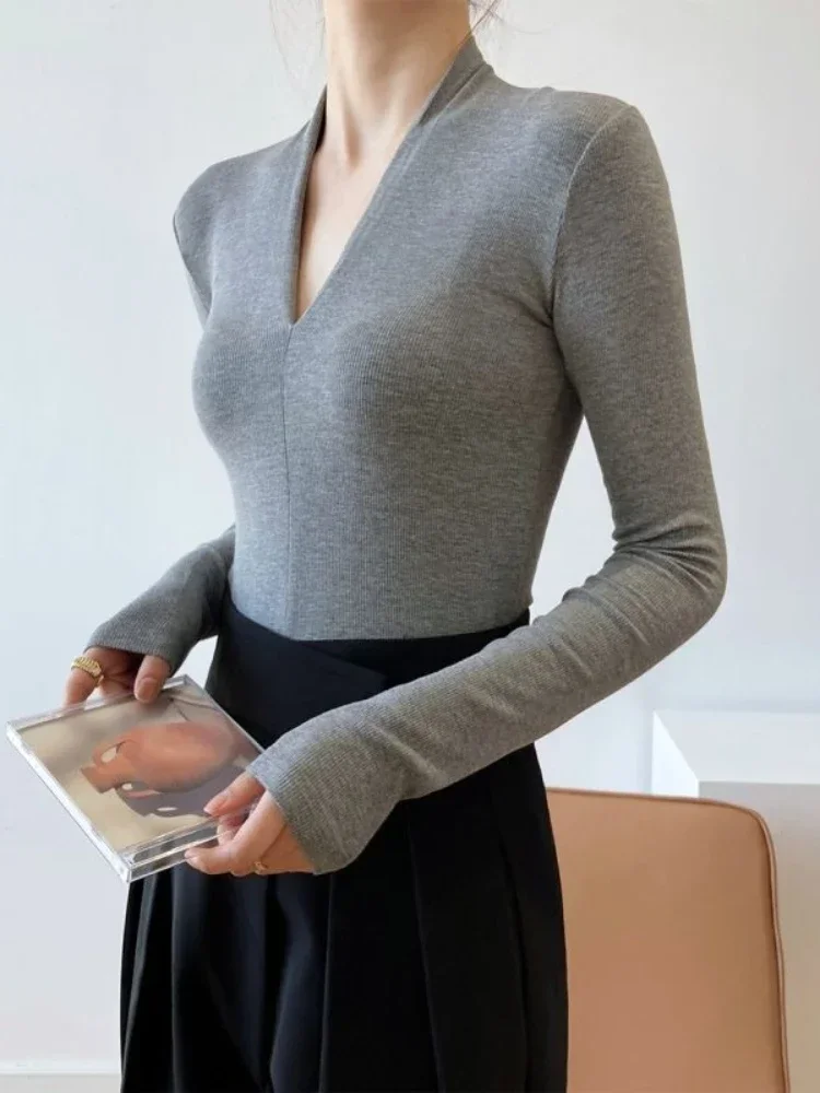 Women Top Fashion - Vネック スリムシャツ 長袖トップス 美しいレディース エレガントブラウス 無地セクシーキャミソール