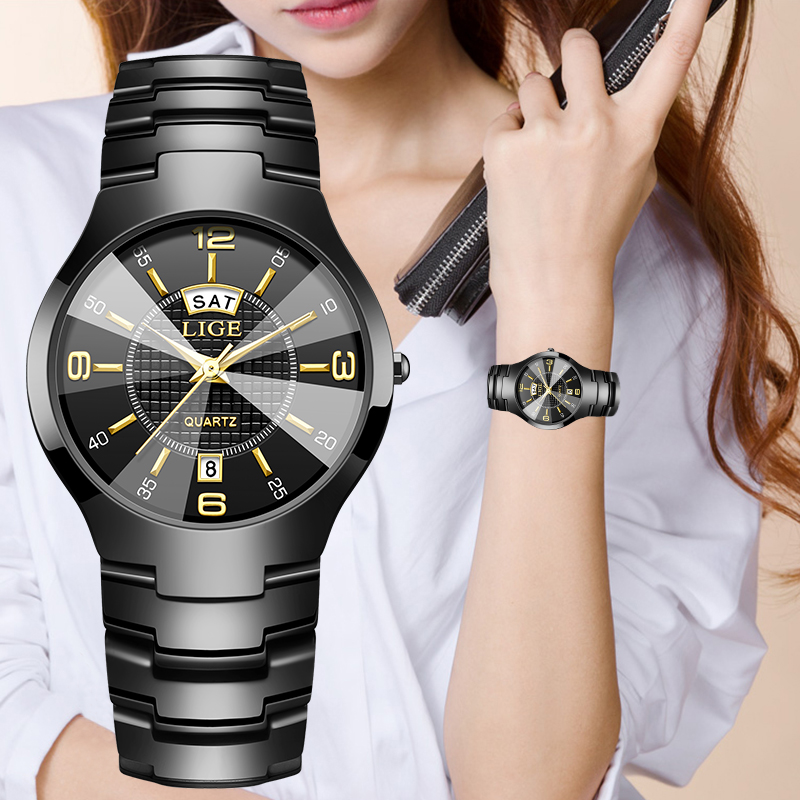 Fashion Women Watch - LIGE ファッションエレガントな女性の腕時計高級セラミックストラップ自動日付週防水小さなダイヤルクォーツ時計女性のためのギフト