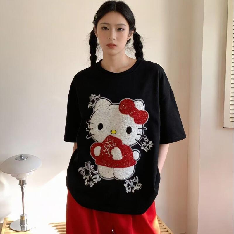 Trend Women Fashion - かわいい半袖ハローキティ夏の新スタイル漫画スパンコールタオル刺繍 Tシャツ女性のための人気のトップスファッショナブル