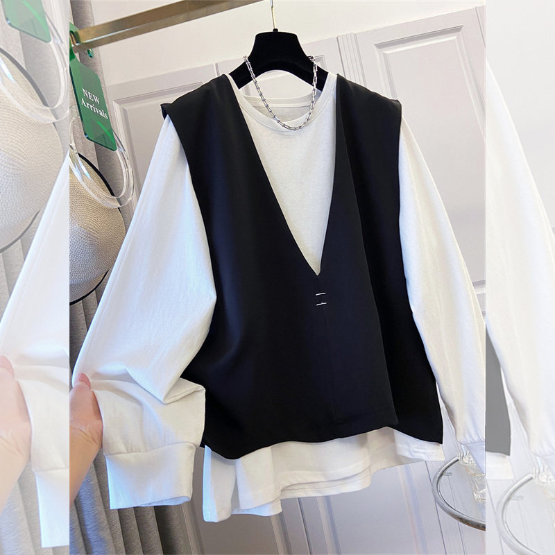 Women Top Fashion - SuperAen 春の新作レディースオーバーサイズプルオーバーホワイト長袖 T シャツデザインルーズフィットノースリーブトップスセット