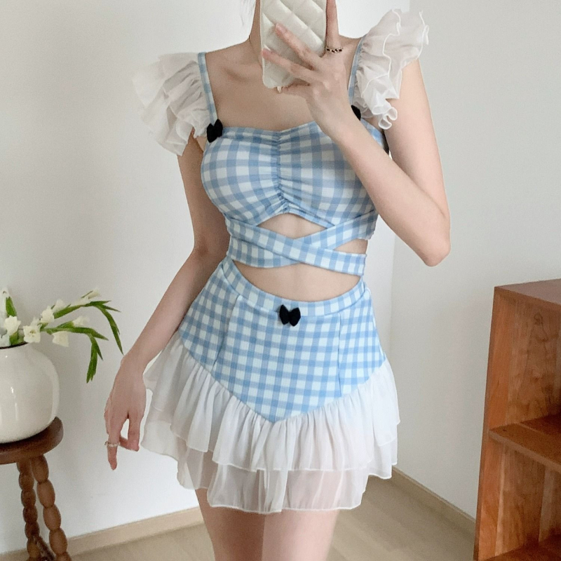 Women Fashion Korean - レディーススリミングホルター水着かわいいちょう結びレトロハイネック水着ファッション夏休みプールパーティー衣装