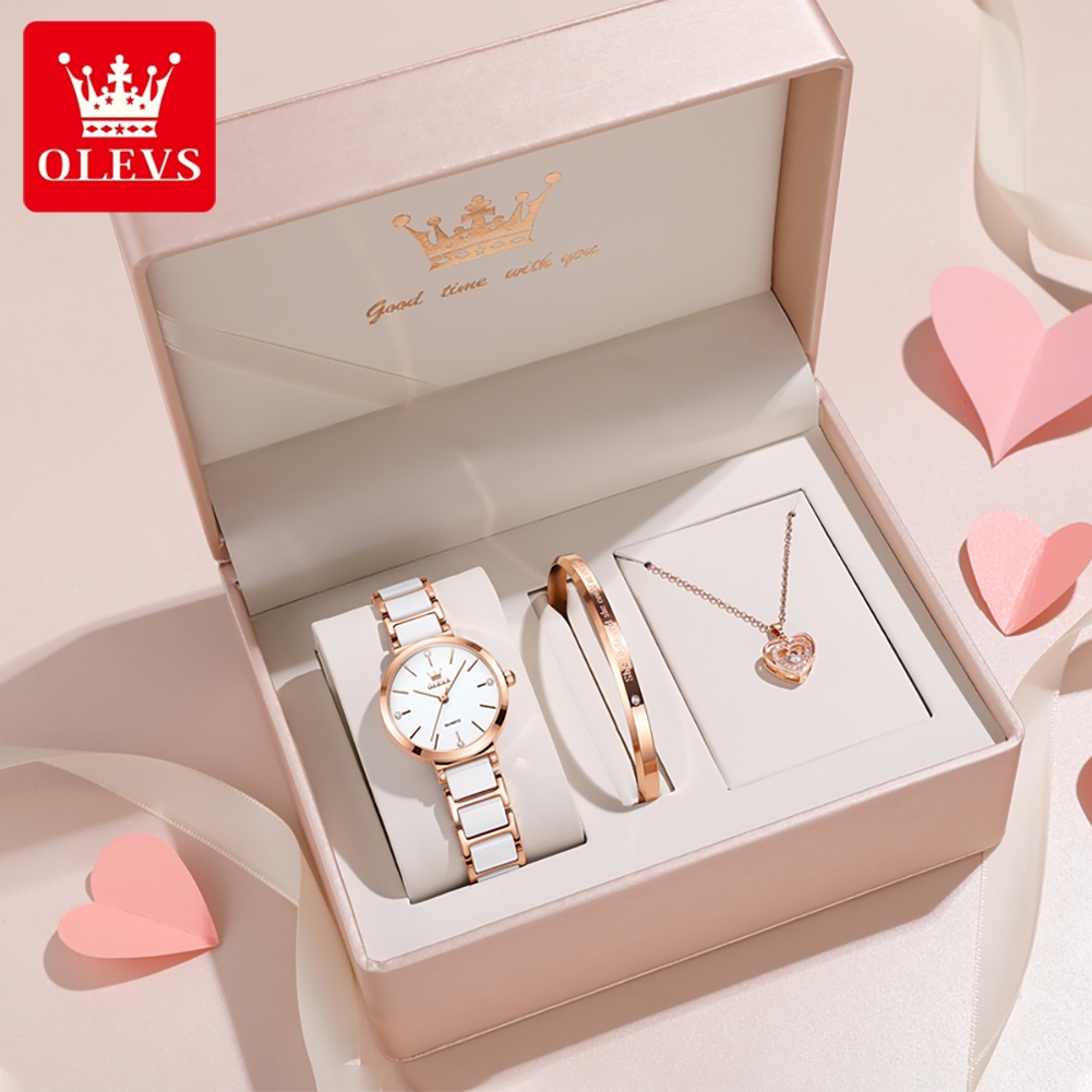 Fashion Women Watch - OLEVSレディース腕時計5877高級エレガントクォーツ腕時計防水夜光セラミックストラップレディース腕時計ブレスレットセットギフトボックス時計