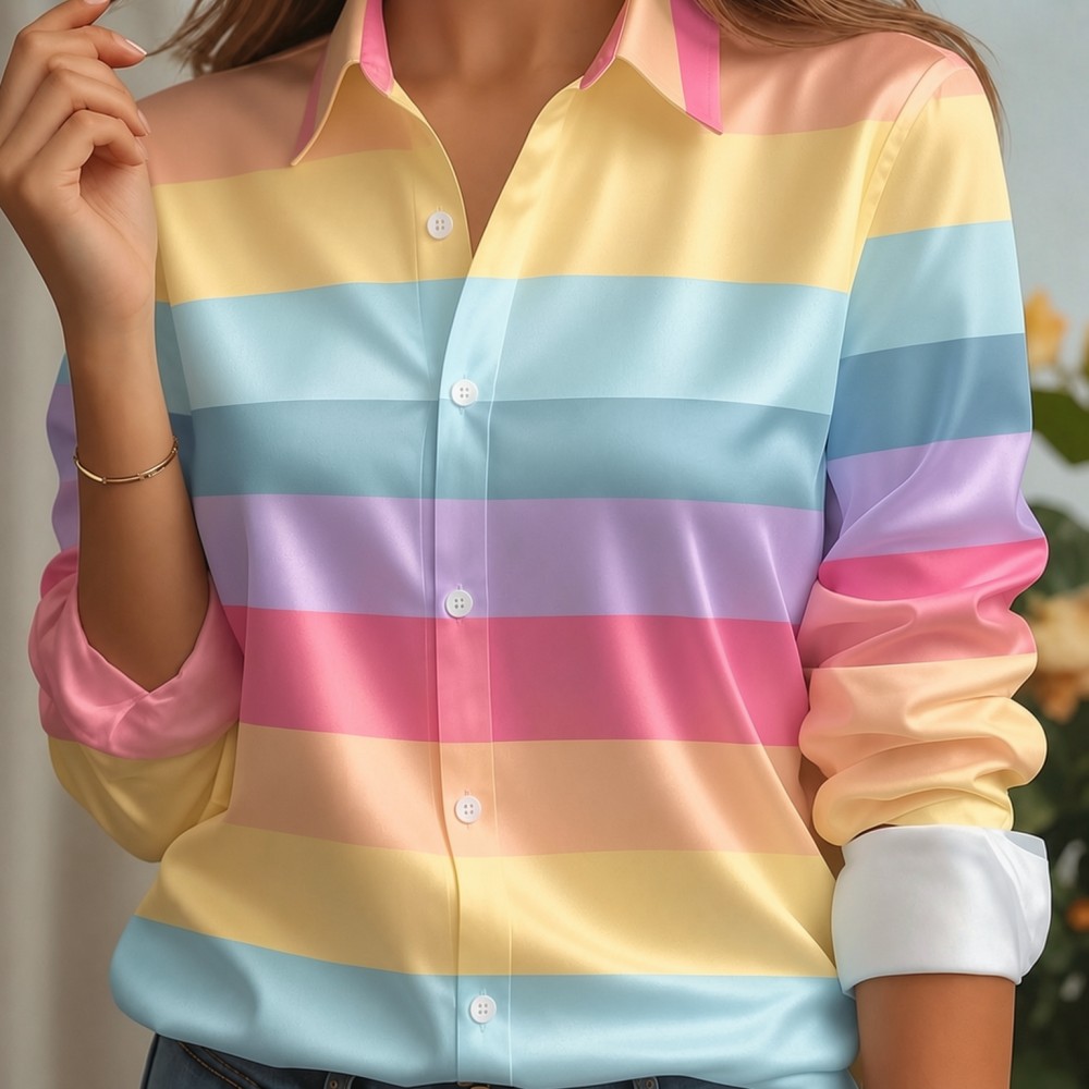 Women'S Fashion Essentials - 女性用サテンラペルカラーシャツ、パステルストライププリント、長袖ルーズブラウス、エレガントオフィスデイリーカジュアル、ボタンフロント、シルクのような肌触り