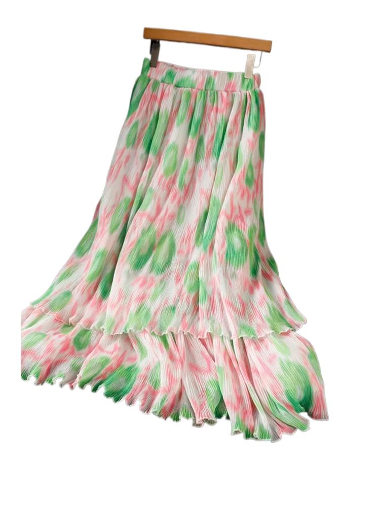 Pleated Skirt Women - 2026年ファッション スウィートフローラルプリントシフォンプリーツスカート プラスサイズ プリーツラッフルエッジスカート