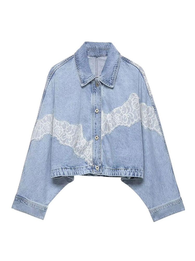 Women'S Fashion Denim Jacket - HH エレガントな女性ブルーデニムジャケットボタンバットウィングスリーブコート春夏カジュアルファッションハイストリートレーススプライシングジャケット