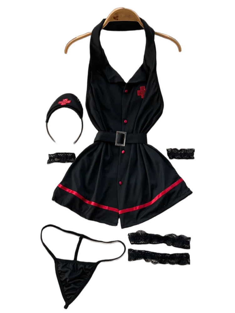 Trend Women Fashion - エロティックファッションセクシーなホルターランジェリードレス夏 V ネックヴィンテージベルトスリムランジェリー女性背中の開いたセクシュアリティクラブランジェリーセット