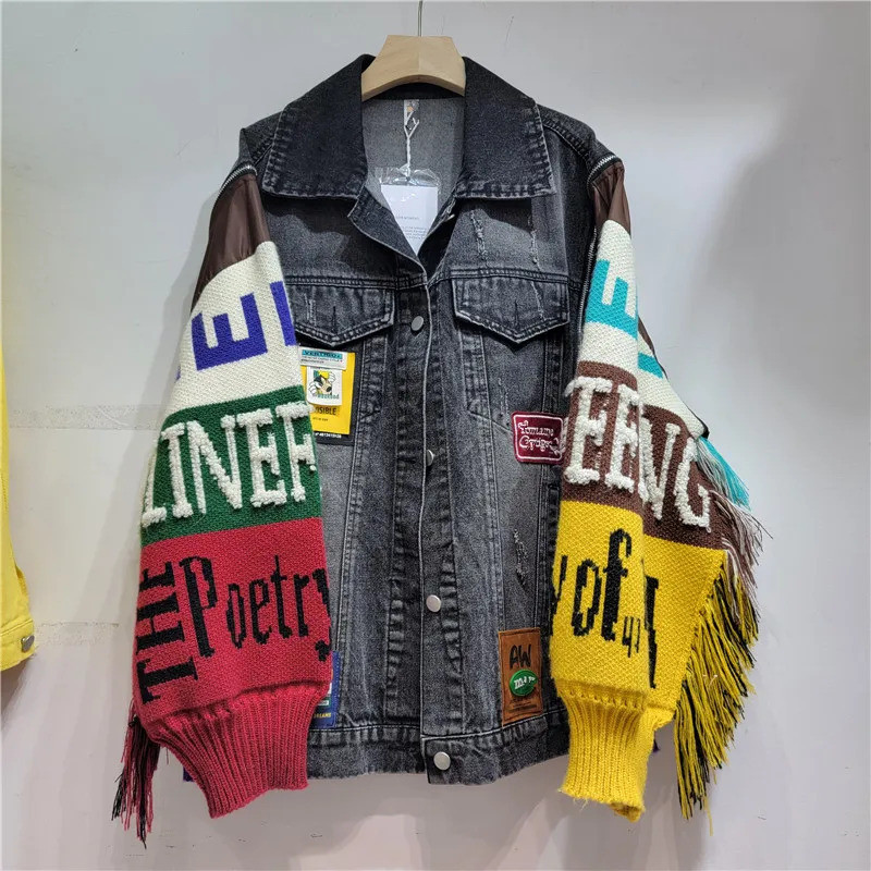Women'S Fashion Denim Jacket - 女性デニムジャケット秋のファッションレタースリーブステッチタッセルニットルーズカジュアルジーンズコート