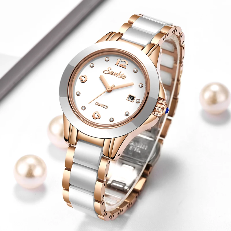 Fashion Women Watch - Sunkta ファッションカジュアルクォーツ女性腕時計エレガントな高級セラミックダイヤモンドカレンダー防水レディース女性用腕時計モントレファム