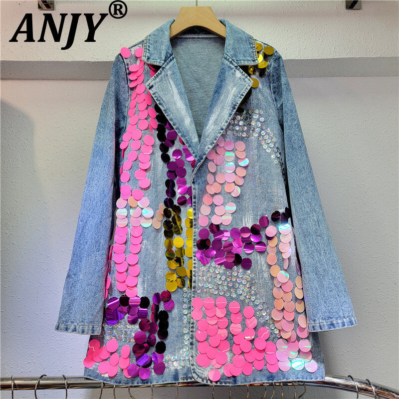 Women'S Fashion Denim Jacket - ANJY 秋の新女性イントレンディなストリート Y2k エレガントなファッションカラフルなスパンコールターンダウン襟長袖デニムジャケット A7751