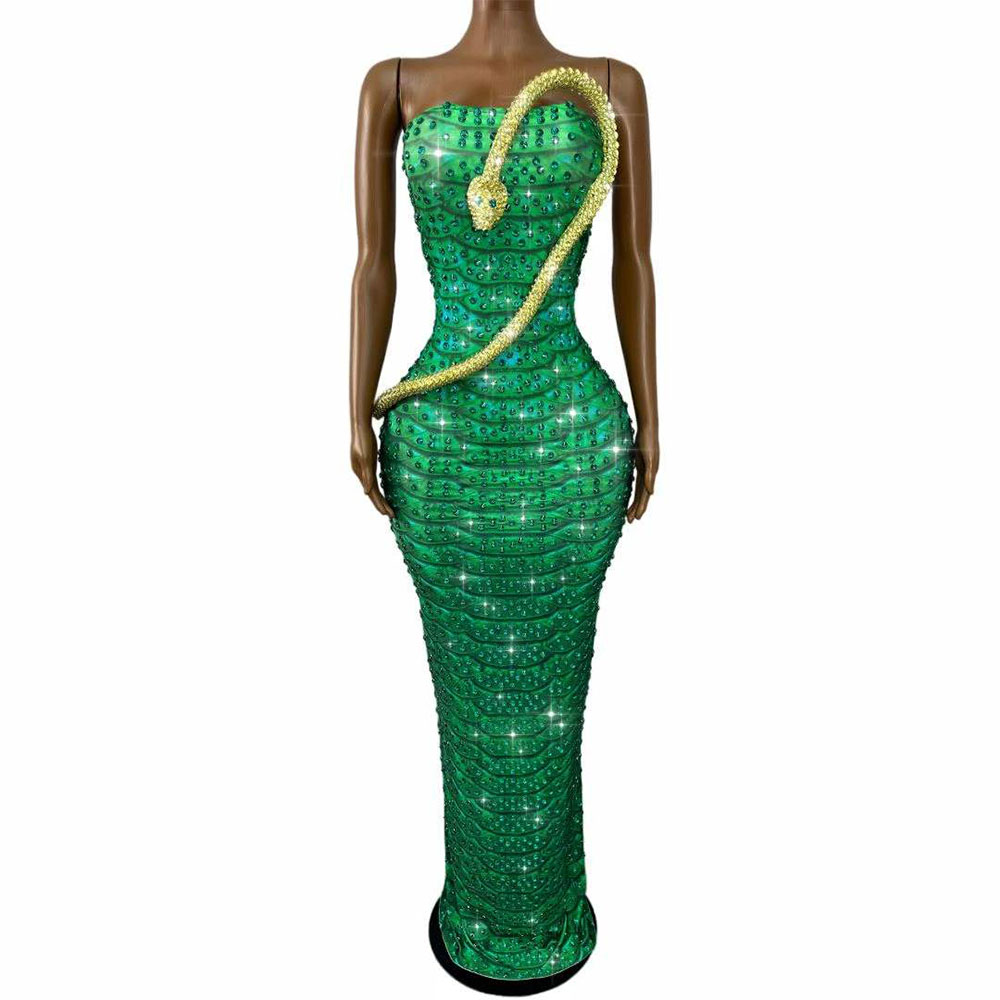 Women Fashion Designer Dresses Photos - キラキラ輝くグリーンラインストーンスネークデザインのチューブドレスイブニングカクテルパーティーガウンレッドカーペットファッションショーフォトシュート衣装