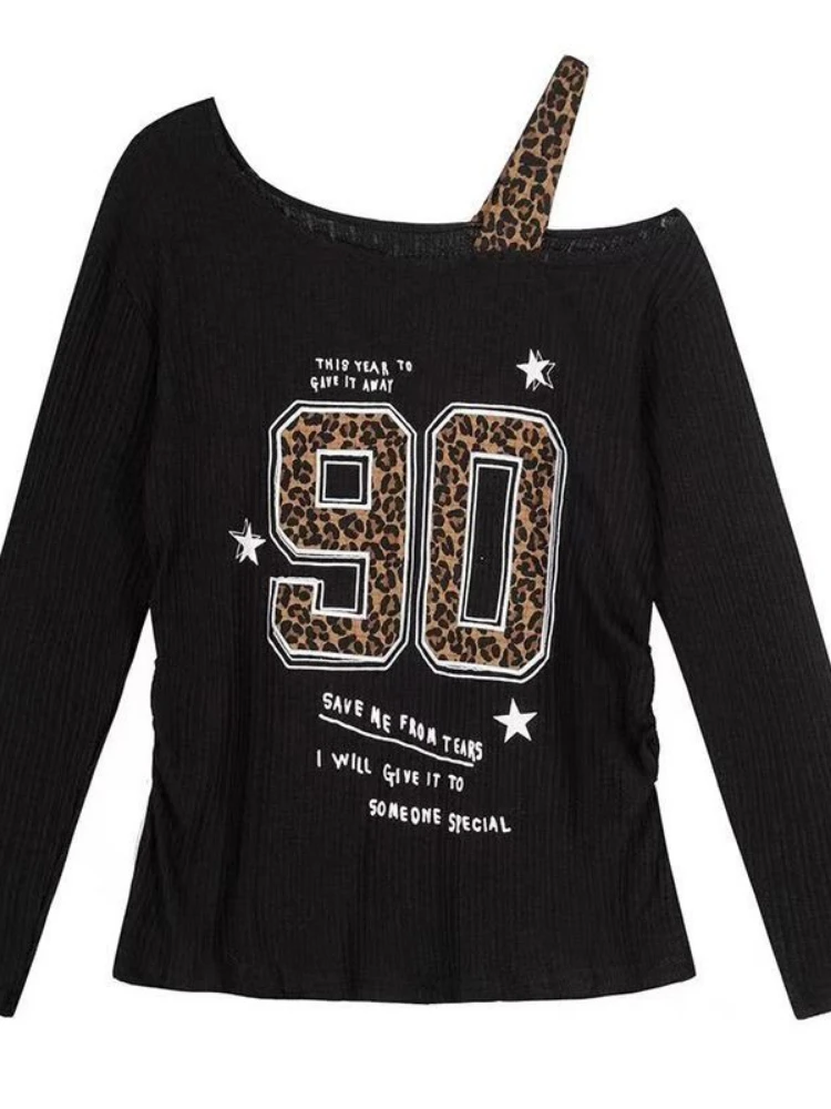 Women Top Fashion - Y2K パッチワーク ヒョウ柄 Tシャツ レディース ルーズ