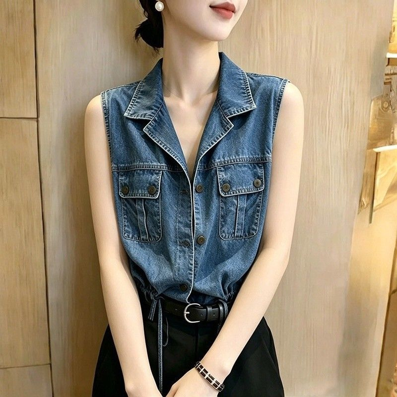 Women'S Fashion Denim Jacket - 超素敵なデニムシャツトップス レディースシャツブラウス 2026夏秋新作 カジュアル ウエストシェイプ ノースリーブデニムジャケットコート