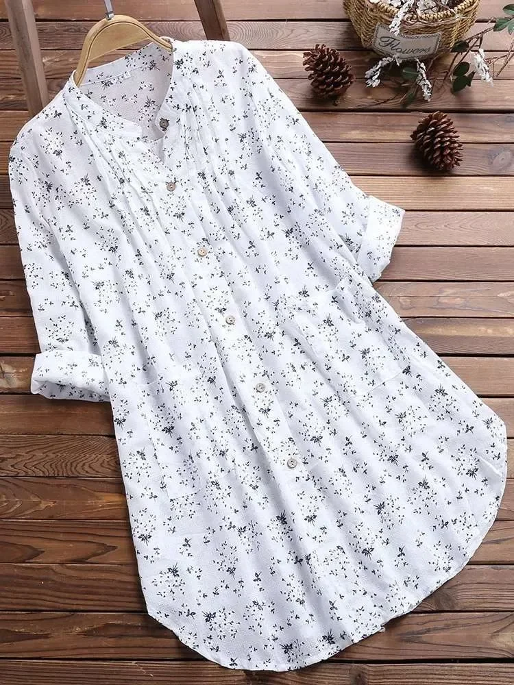 Women'S Fashion Essentials - プラスサイズの女性のシャツ 2025 新しい白長袖カジュアルかわいい甘いブラウスエレガントなファッションフラワープリントラペルボタンアップトップ