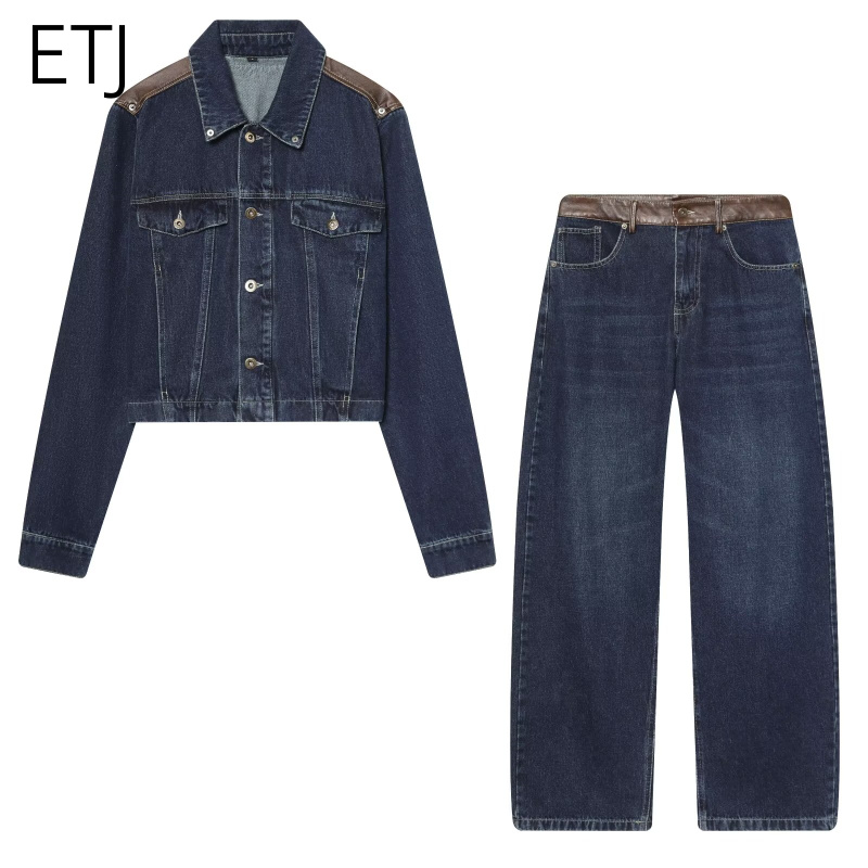 Women'S Fashion Denim Jacket - ETJ レディースデニムジャケット＆ジーンズセット クロップドレザーパッチ オーバーサイズワイドレッグパンツ セットアップ 2026