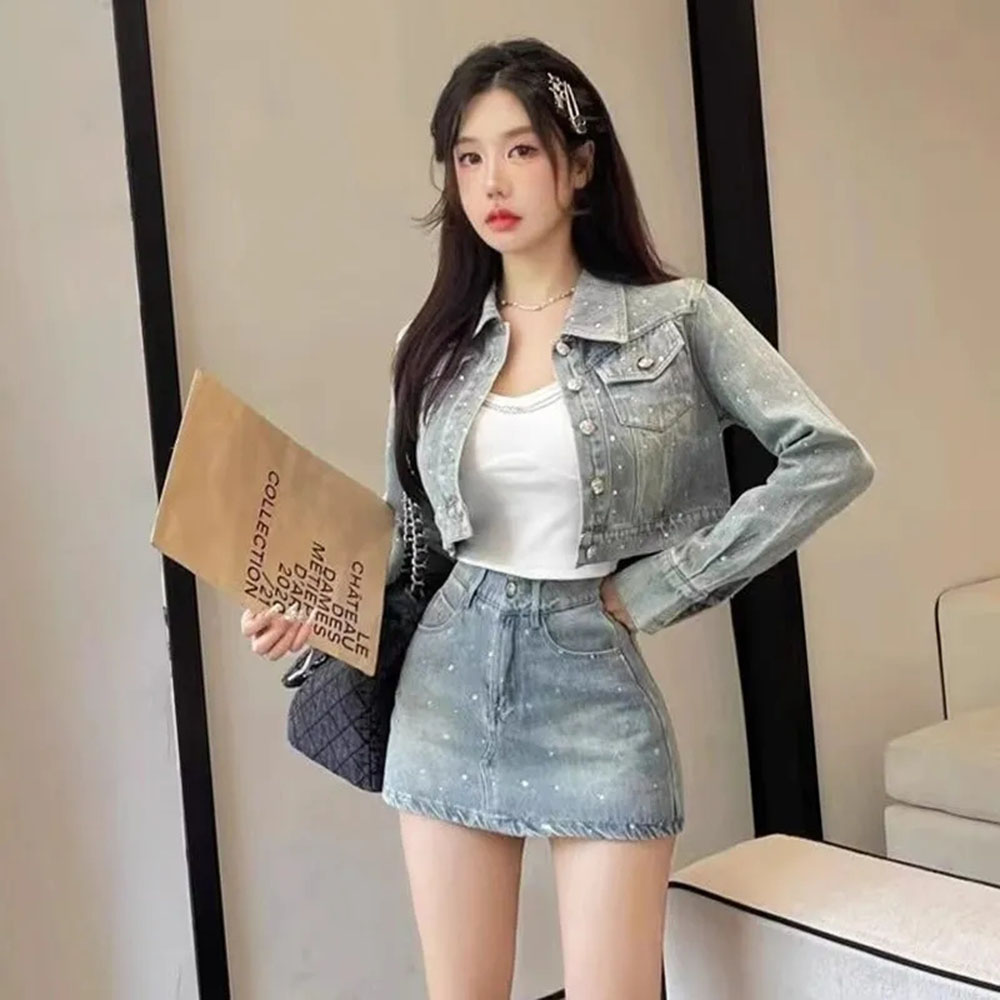 Women'S Fashion Denim Jacket - 女性のためのダイヤモンド気質デニムジャケット、ツーピースセット、Aラインスカート、甘いラペル、モノクロ、春の大学、シックな女性のスーツ、韓国のファッション