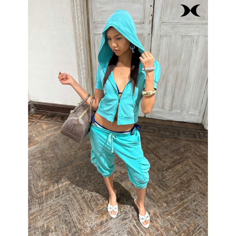 Women Fashion Korean - アメリカンストリートスパイスガールスタイル半袖フード付きジッパーコート、七分丈パンツスーツ、無地ファッションスポーツスタイル。