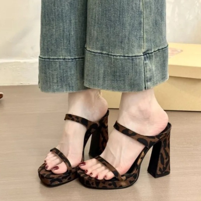 Women Fashion Korean - 女性サンダルファッション厚底ハイヒールサンダルセクシーなヒョウ柄ミュールスリッパ 2026 夏オープントゥハイヒールスリッパ