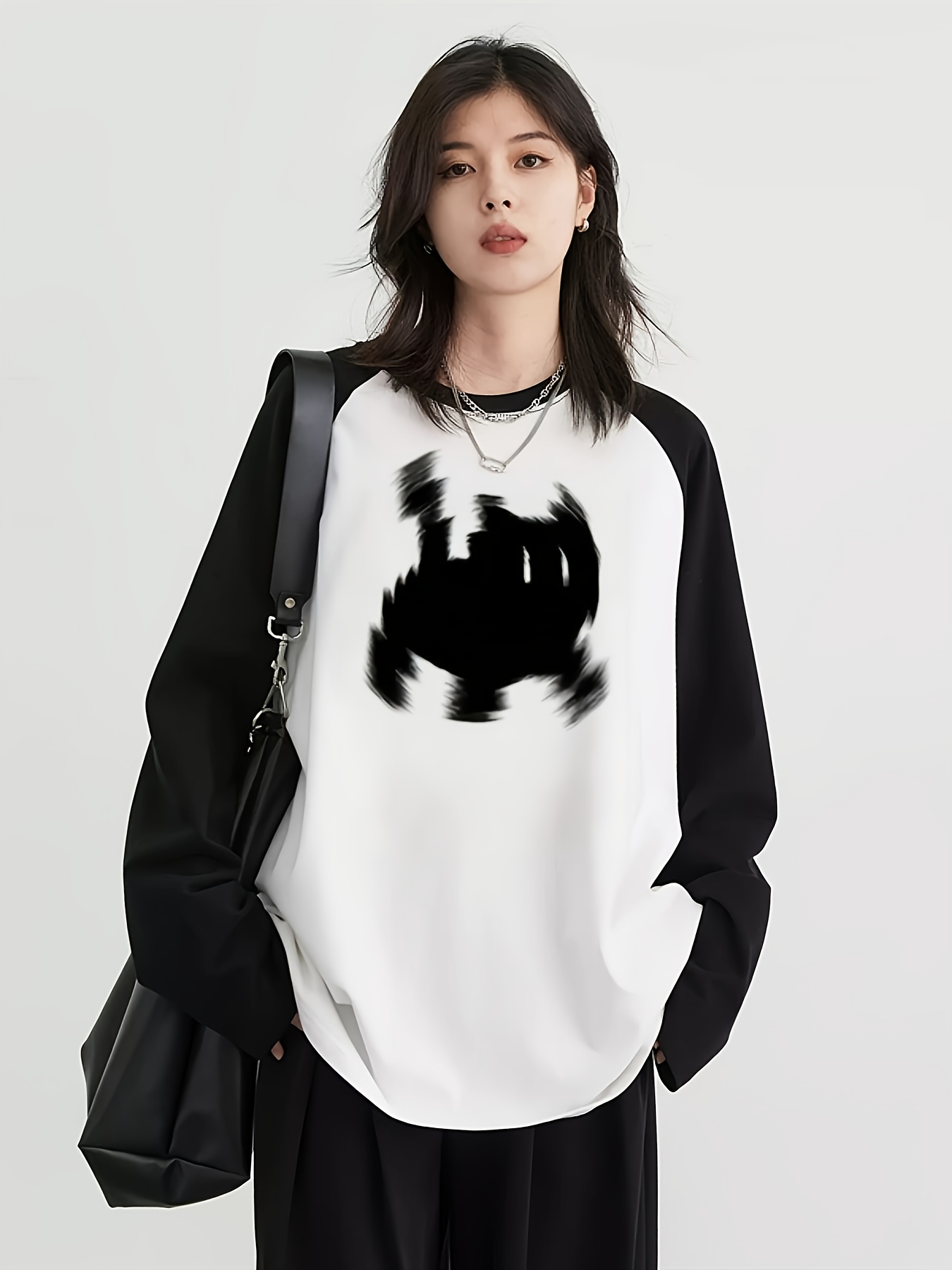 Trend Women Fashion - Y2K レディース ラグラン長袖 Tシャツ ブロック柄 かわいい猫グラフィック付き