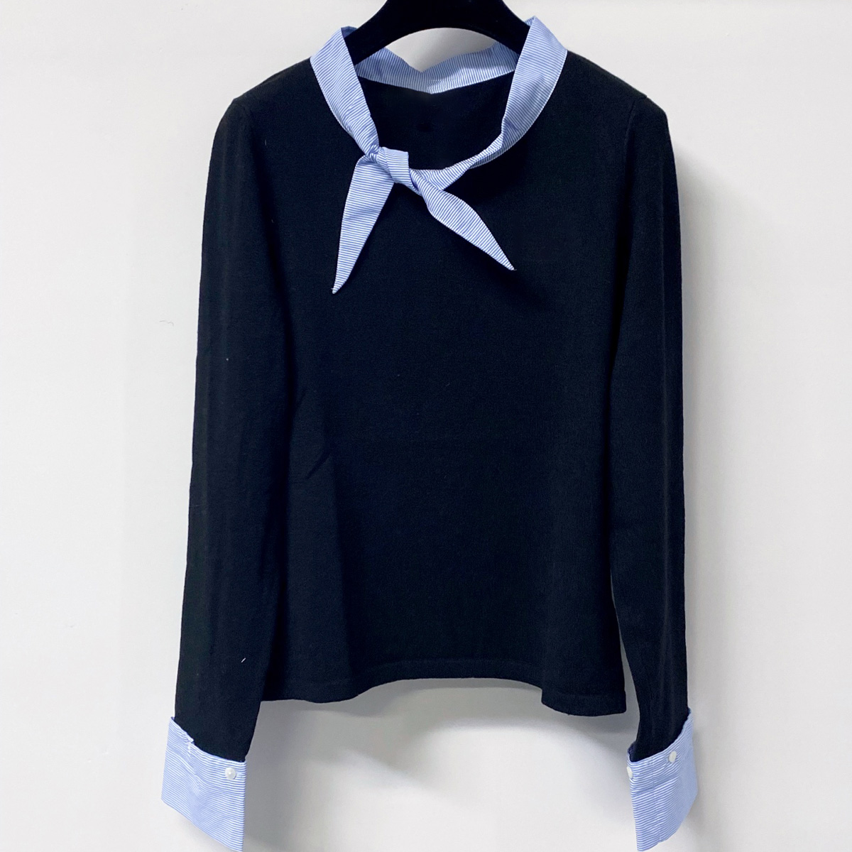 高品質の女性用タイネックニットトップ、ストライプのコントラス - Women Top Fashion のレビューと価格