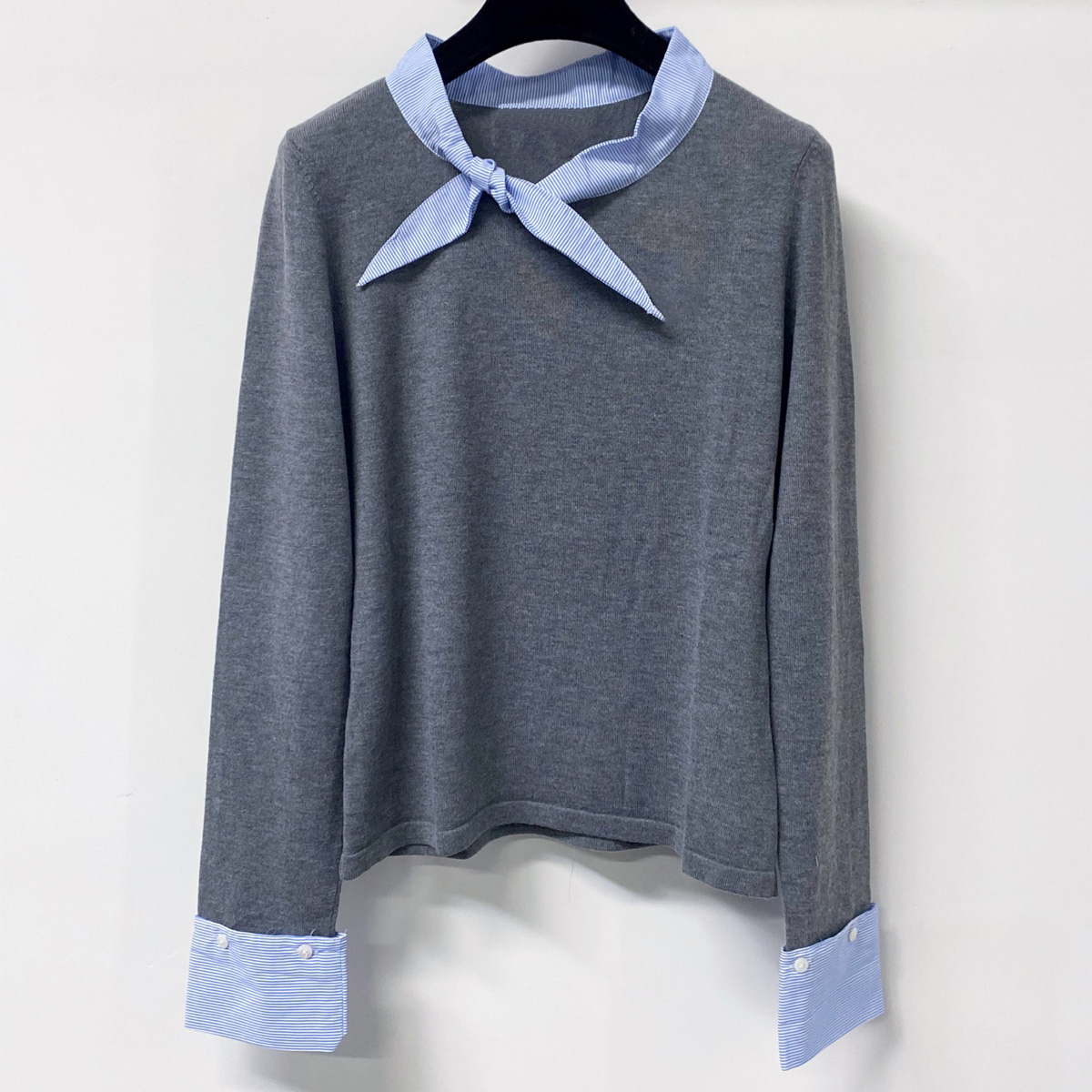 高品質の女性用タイネックニットトップ、ストライプのコントラス - Women Top Fashion のレビューと価格