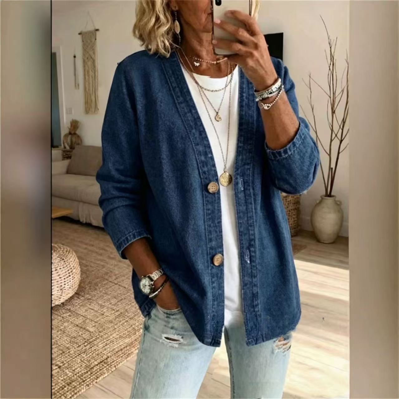 女性春秋デニムカーディガンジャケットレディース長袖シングルブ - Women'S Fashion Denim Jacket のレビューと価格