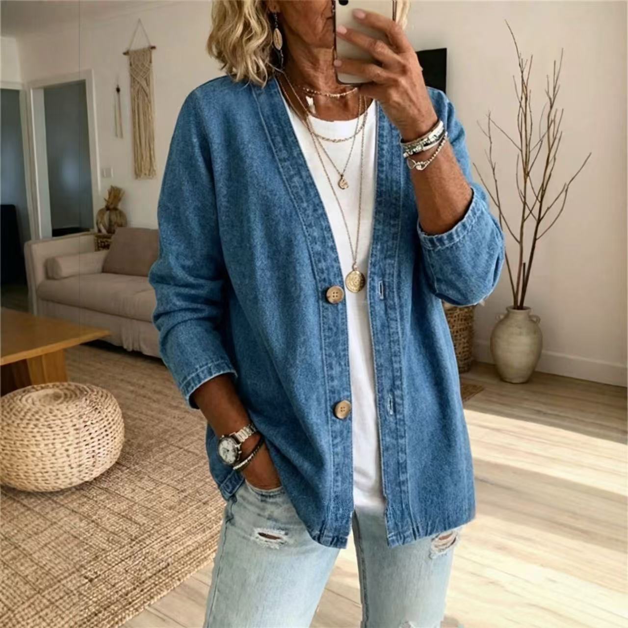 女性春秋デニムカーディガンジャケットレディース長袖シングルブ - Women'S Fashion Denim Jacket のレビューと価格