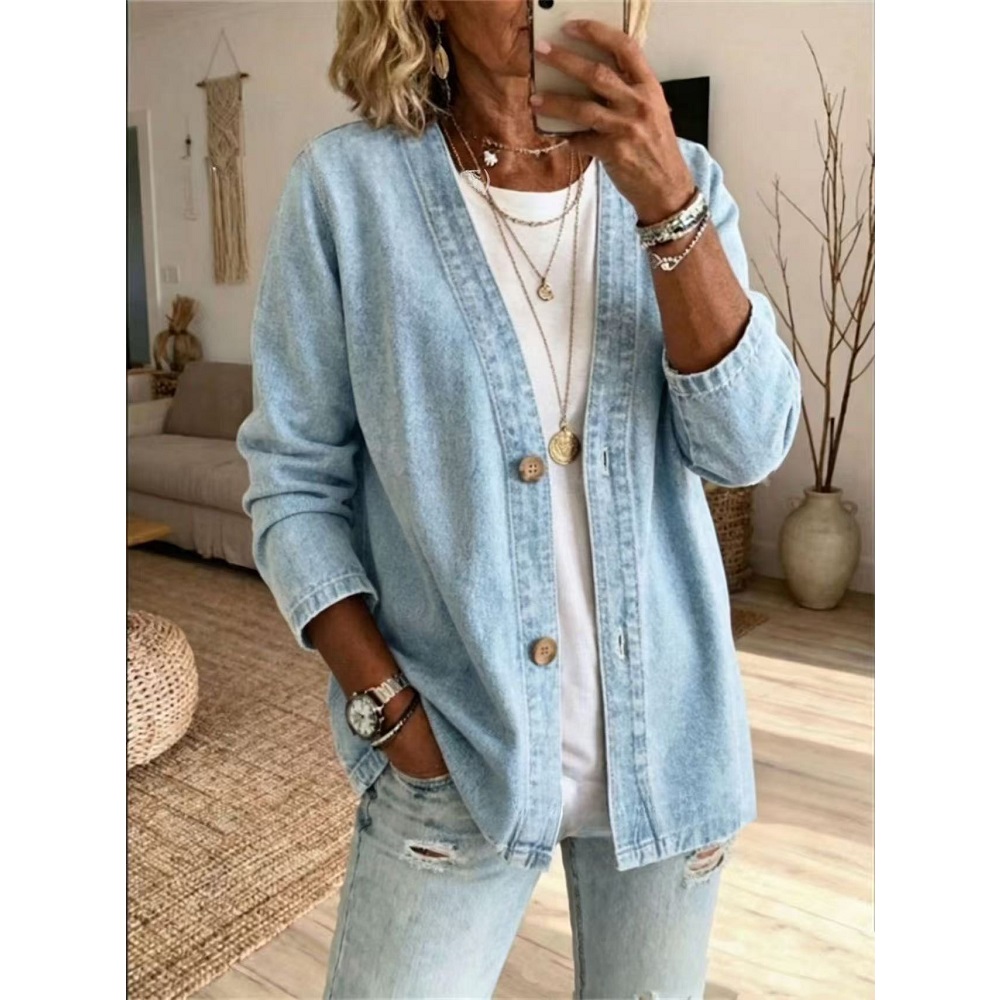女性春秋デニムカーディガンジャケットレディース長袖シングルブ - Women'S Fashion Denim Jacket のレビューと価格