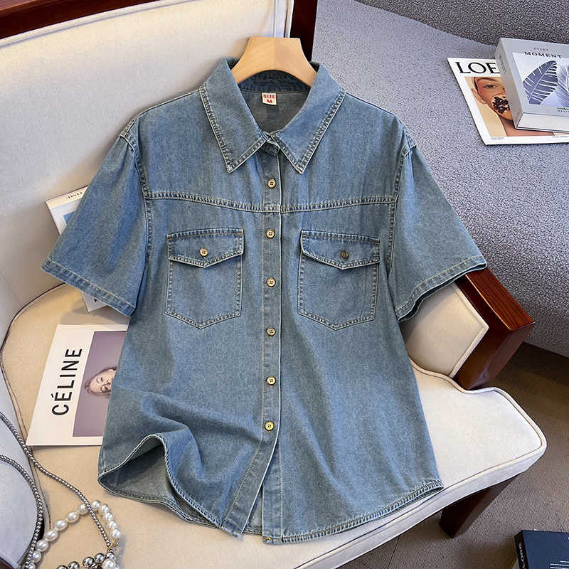 レトロデニムシャツ女性の夏のラペルシングルブレスト半袖ジャケ - Women'S Fashion Denim Jacket のレビューと価格