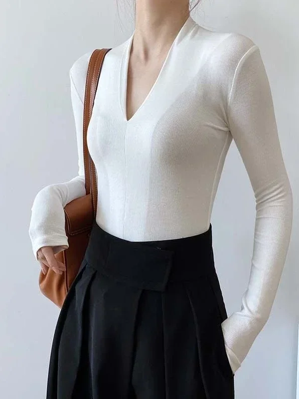 Vネック スリムシャツ 長袖トップス 美しいレディース エレ - Women Top Fashion のレビューと価格