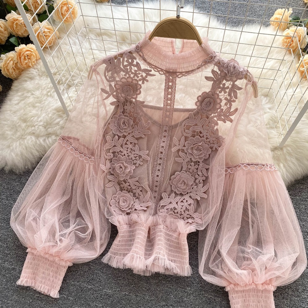 2 ピース/セットレースパフ長袖ブラウスヴィンテージファッシ - Women'S Fashion Essentials のレビューと価格
