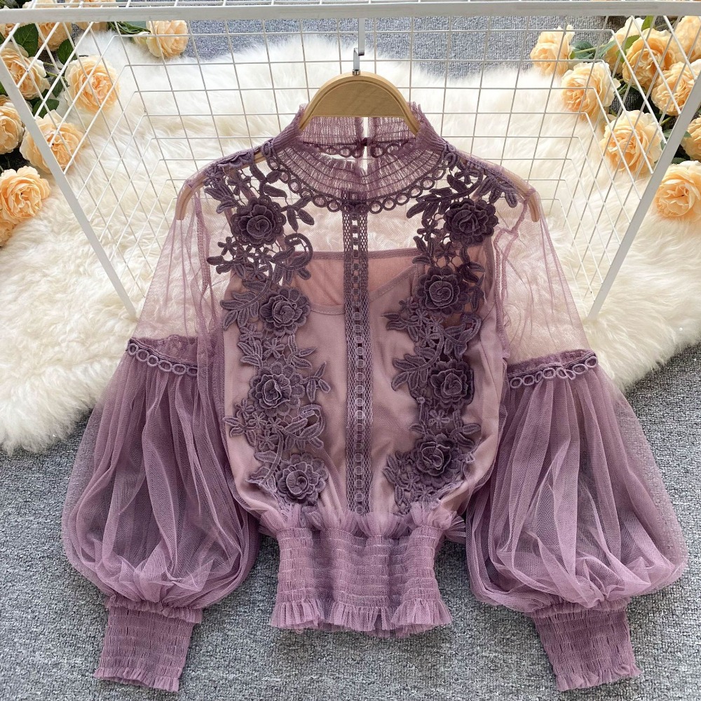2 ピース/セットレースパフ長袖ブラウスヴィンテージファッシ - Women'S Fashion Essentials のレビューと価格