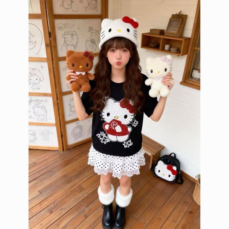 かわいい半袖ハローキティ夏の新スタイル漫画スパンコールタオル - Trend Women Fashion のレビューと価格