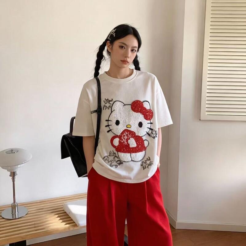 かわいい半袖ハローキティ夏の新スタイル漫画スパンコールタオル - Trend Women Fashion のレビューと価格