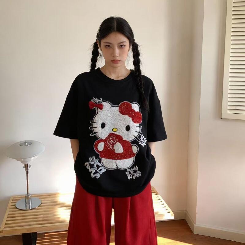 かわいい半袖ハローキティ夏の新スタイル漫画スパンコールタオル - Trend Women Fashion のレビューと価格