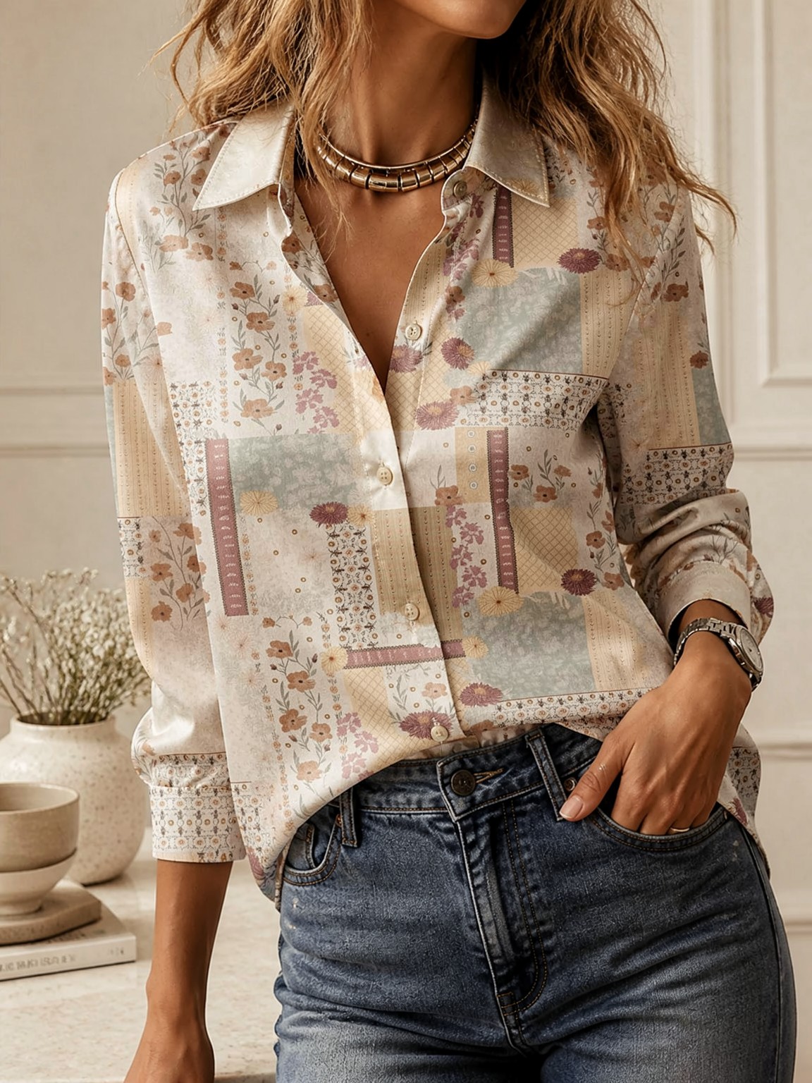 女性用のエレガントな長袖襟付きトップス、ゆったりとしたシルエ - Women Top Fashion のレビューと価格