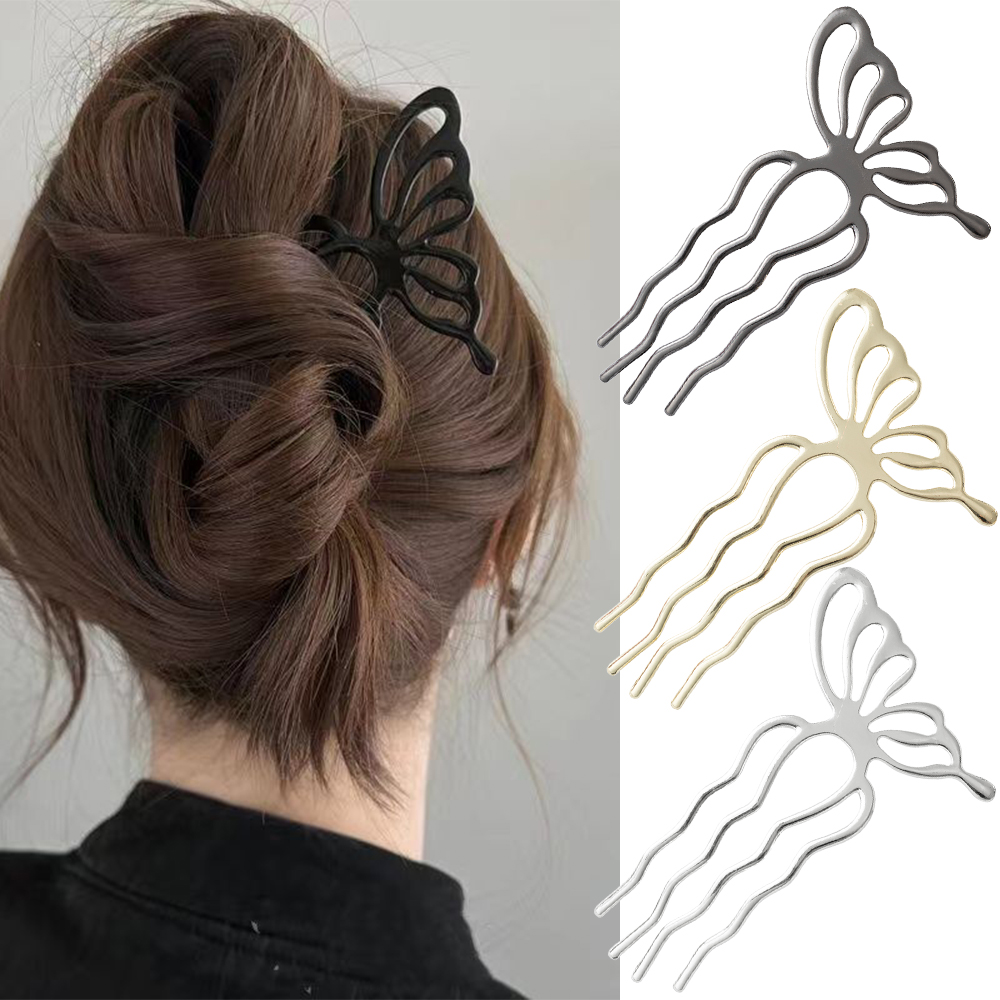 韓国蝶 U 字型ヘアスティックおだんごヘアコームクリップ金属 - Women'S Fashion Korea のレビューと価格