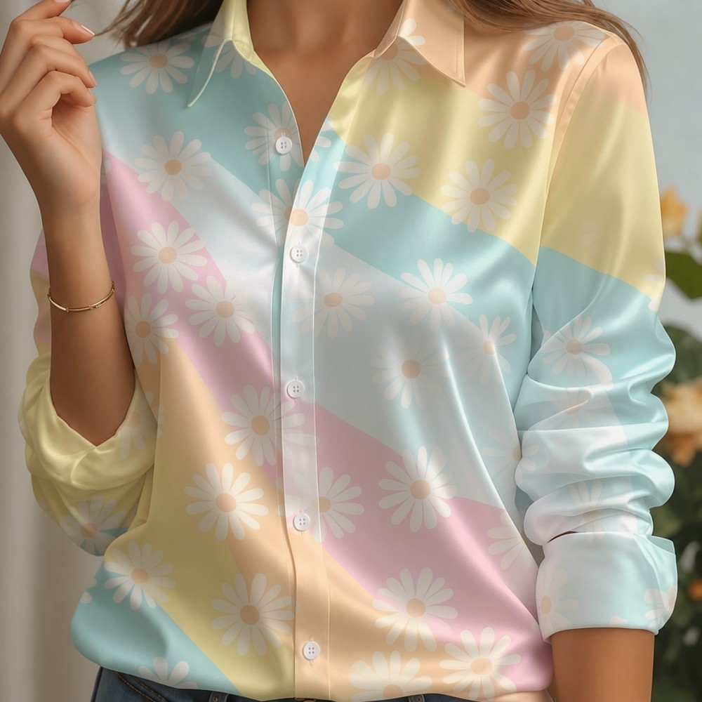 女性用サテンラペルカラーシャツ、パステルストライププリント、 - Women'S Fashion Essentials のレビューと価格