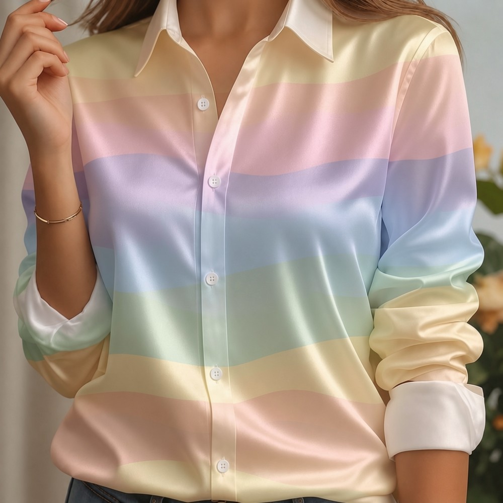 女性用サテンラペルカラーシャツ、パステルストライププリント、 - Women'S Fashion Essentials のレビューと価格