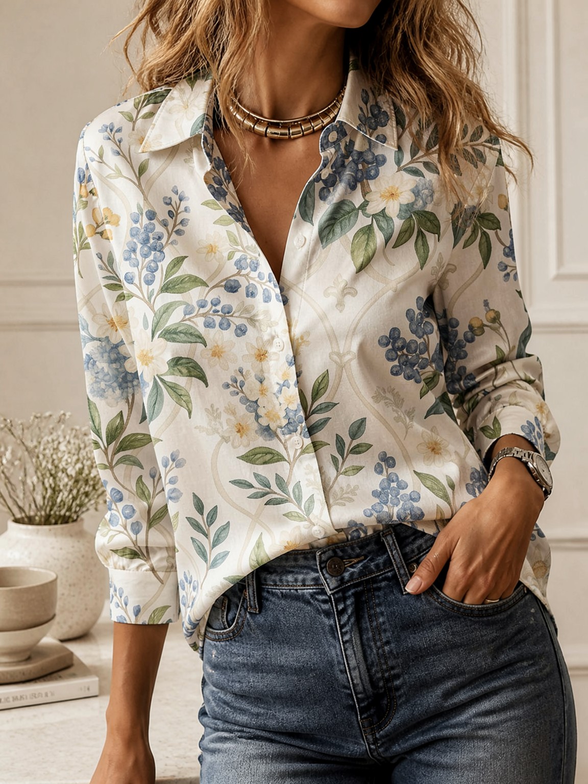 カジュアルオールマッチ襟付きブラウス、女性用長袖ルーズフィッ - Women'S Fashion Essentials のレビューと価格