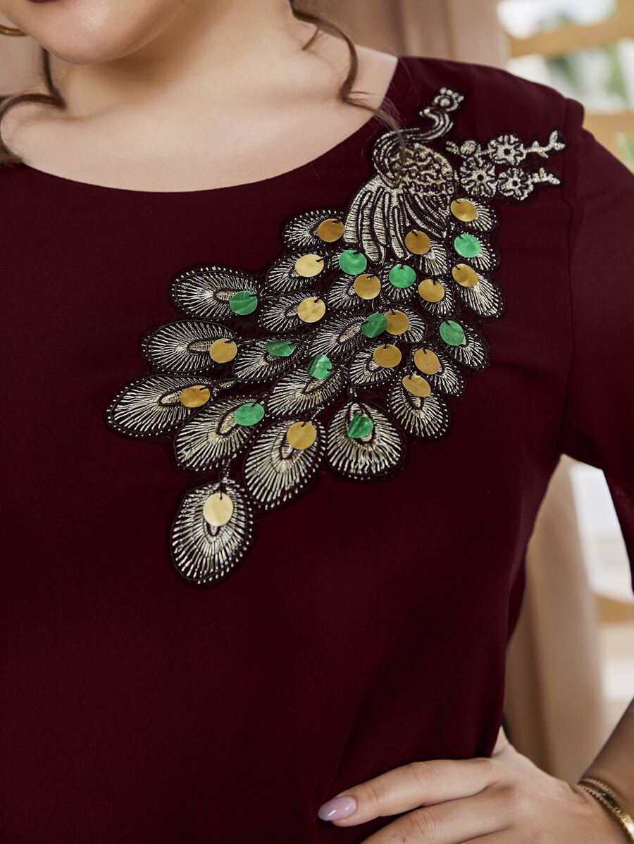プラスサイズの女性用刺繍孔雀柄トップス、半袖シフォンブラウス - Women'S Fashion Essentials のレビューと価格