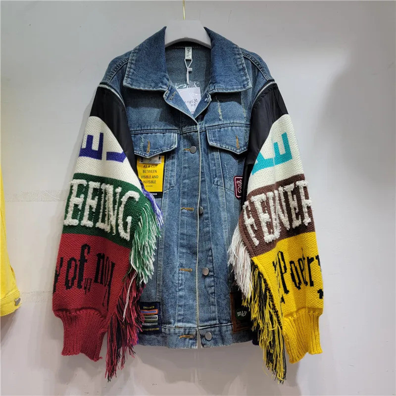 女性デニムジャケット秋のファッションレタースリーブステッチタ - Women'S Fashion Denim Jacket のレビューと価格
