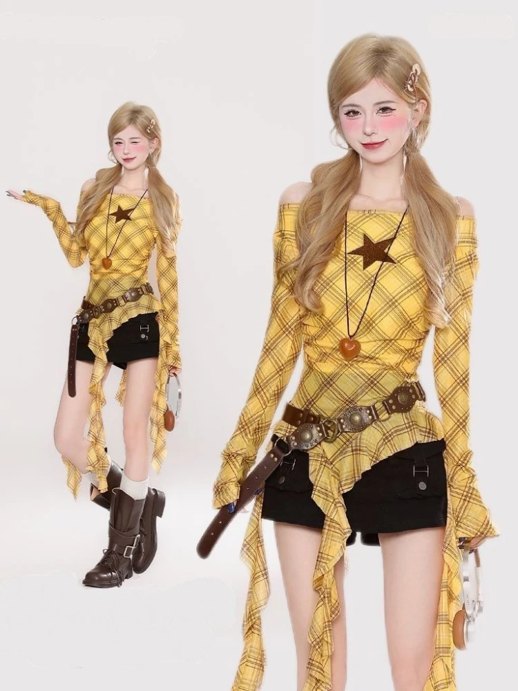 Y2K チェック柄スラッシュネックヴィンテージ T シャツ、 - Women Top Fashion のレビューと価格