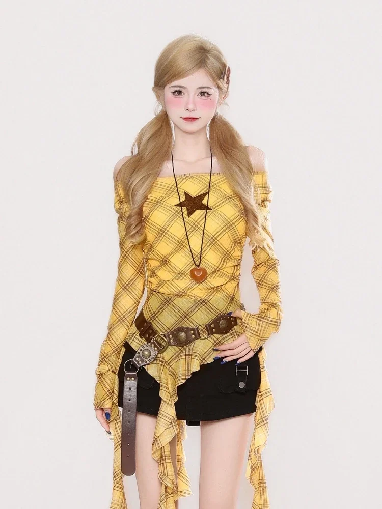 Y2K チェック柄スラッシュネックヴィンテージ T シャツ、 - Women Top Fashion のレビューと価格