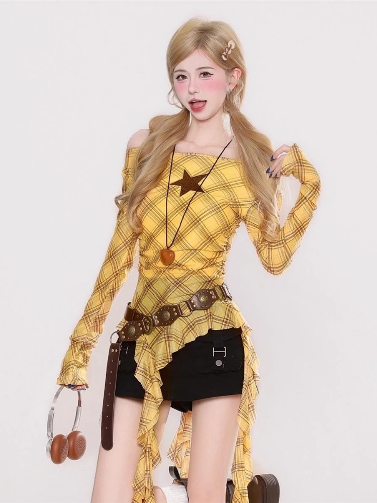 Y2K チェック柄スラッシュネックヴィンテージ T シャツ、 - Women Top Fashion のレビューと価格