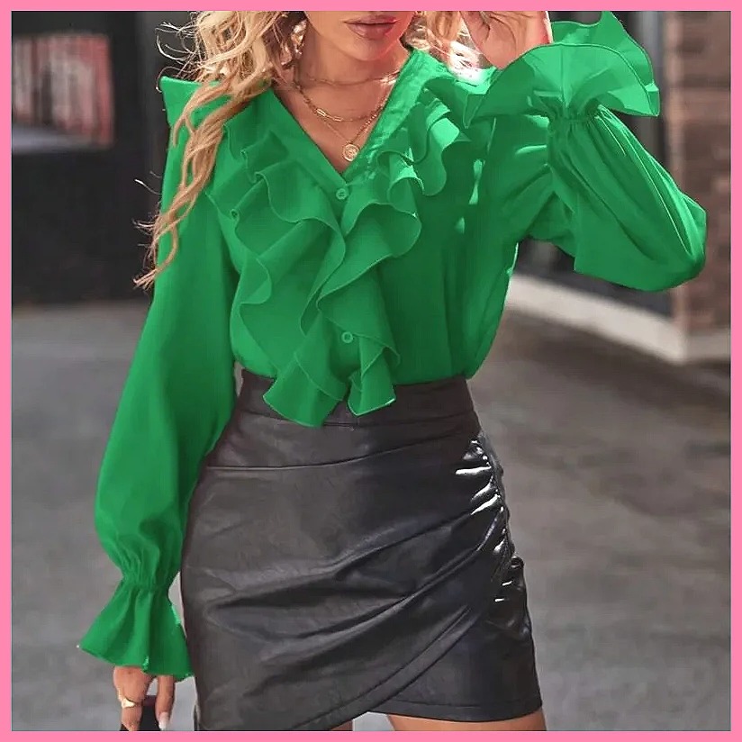 2025年ファッション Vネック ラッフル フレア袖 エレガ - Women Top Fashion のレビューと価格