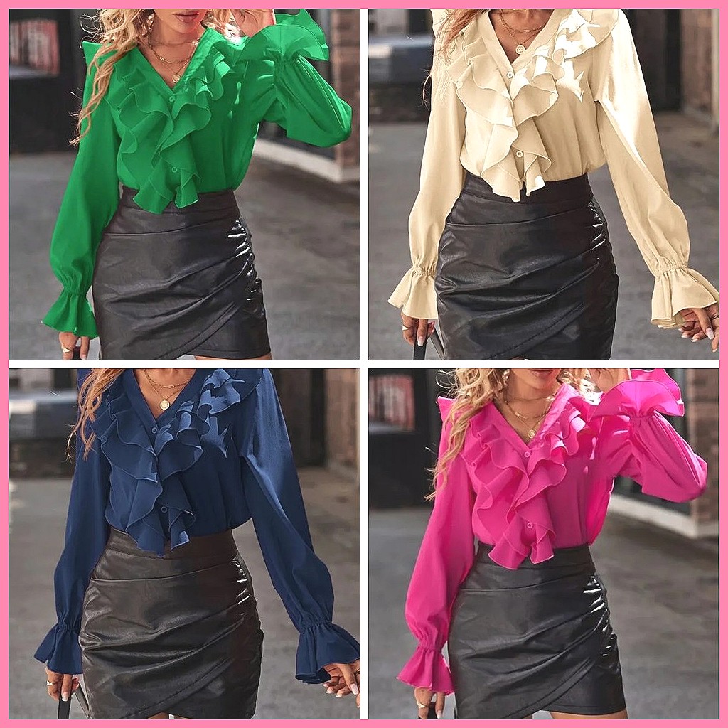 2025年ファッション Vネック ラッフル フレア袖 エレガ - Women Top Fashion のレビューと価格