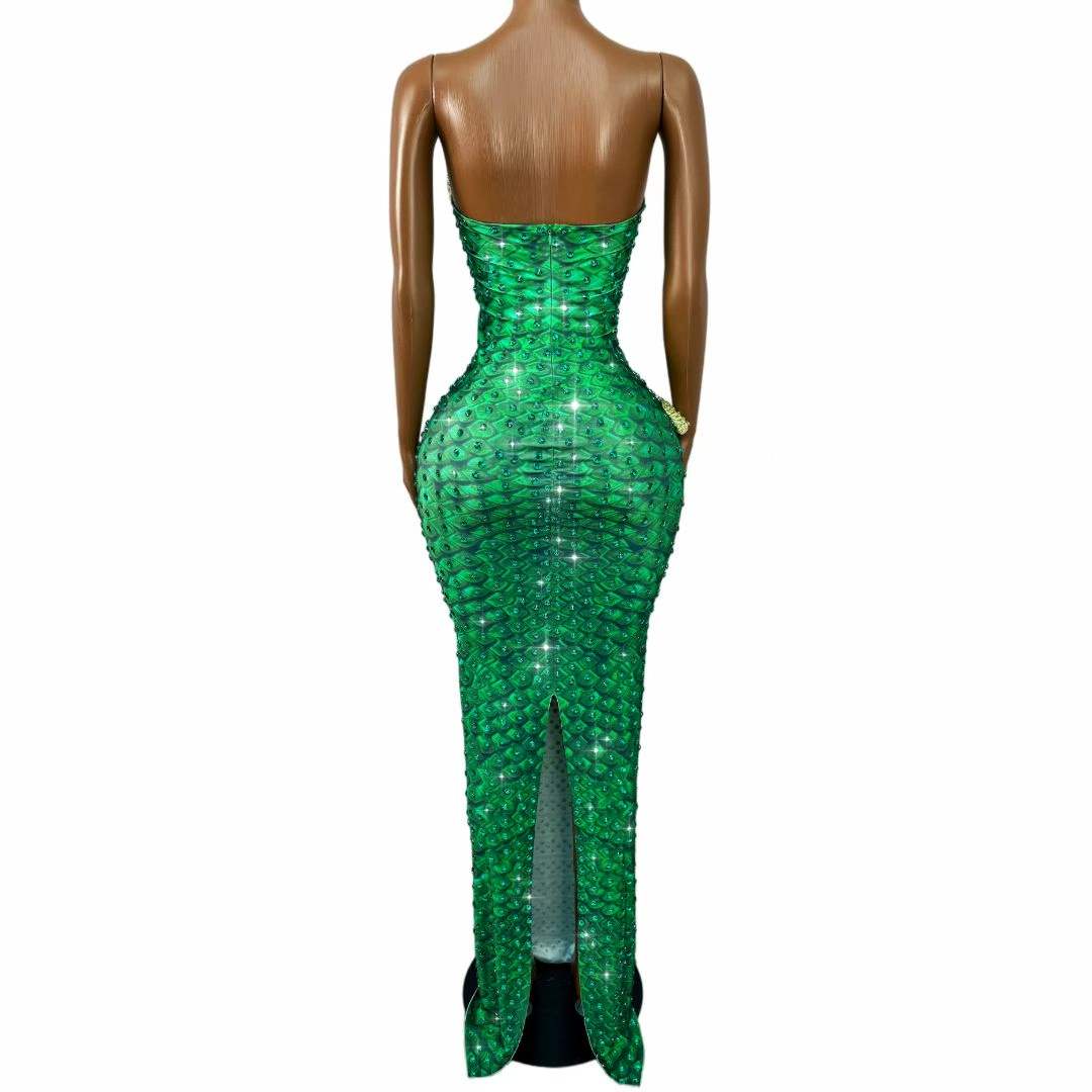 キラキラ輝くグリーンラインストーンスネークデザインのチューブ - Women Fashion Designer Dresses Photos のレビューと価格
