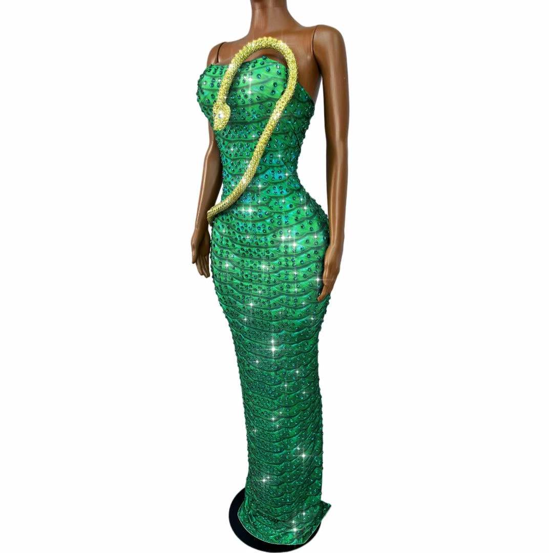 キラキラ輝くグリーンラインストーンスネークデザインのチューブ - Women Fashion Designer Dresses Photos のレビューと価格